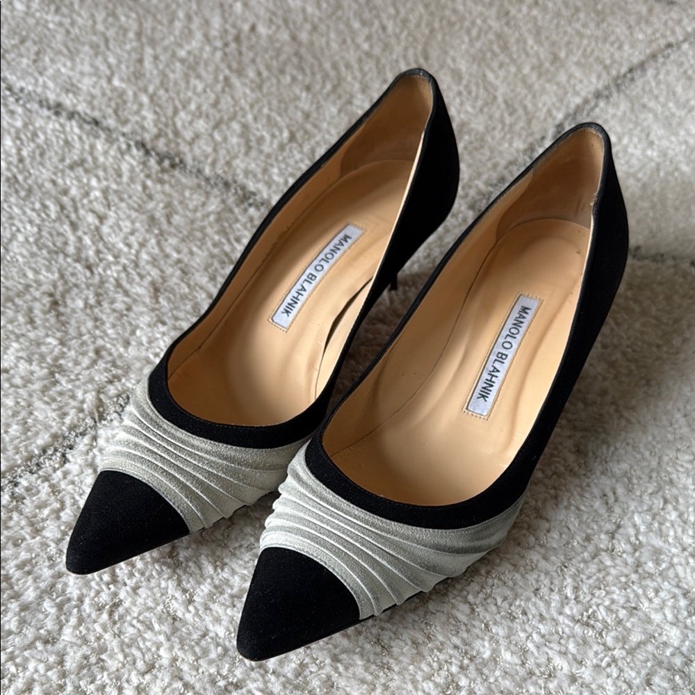 Manolo Blahnik Black and Cream Kitten Heels